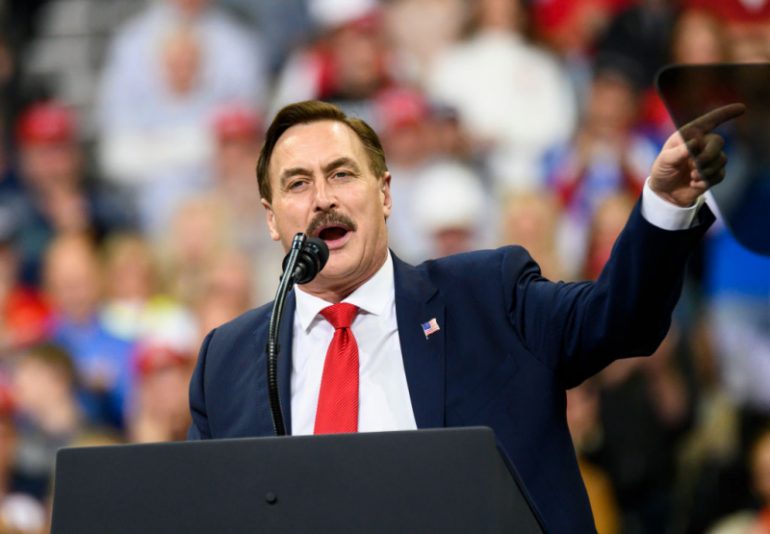MINNEAPOLIS, MN - OCTOBER 10: Mike Lindell, CEO of My Pillow, speaks during a campaign rally held by U.S. President Donald Trump at the Target Center on October 10, 2019 in Minneapolis, Minnesota. Lindell is an outspoken supporter of the Trump presidency and his campaign for reelection. (Photo by Stephen Maturen/Getty Images)